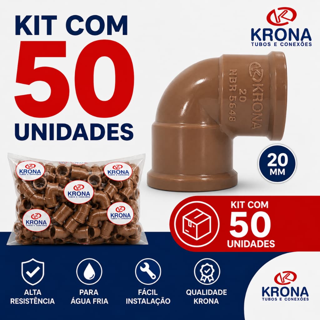 Kit 50 Unidades Joelho Cotovelo  90 Graus Soldável 20mm 1/2" Krona PVC Marrom Para Água Fria Conexão Hidráulica