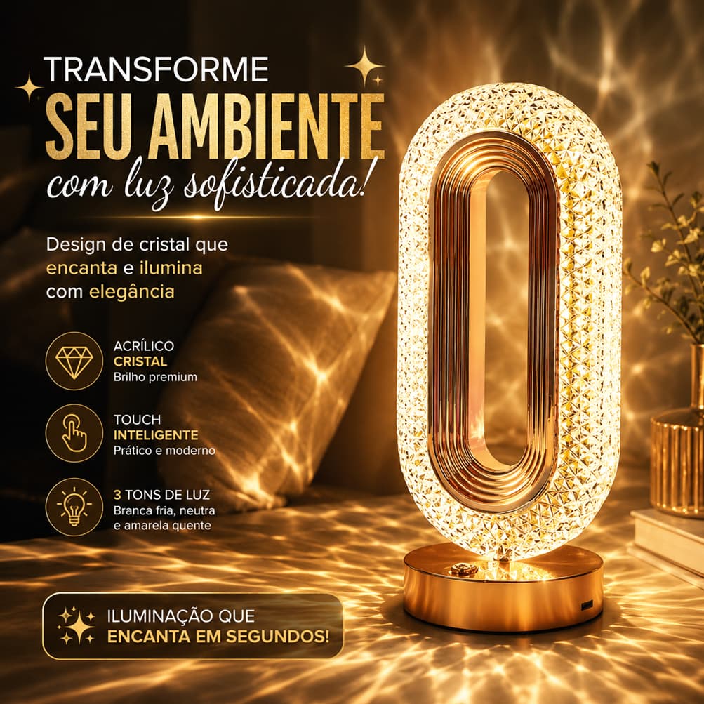 Luminária Cristal LED Touch Recarregável – 3 Tons de Luz + Efeito Luxo Decorativo
