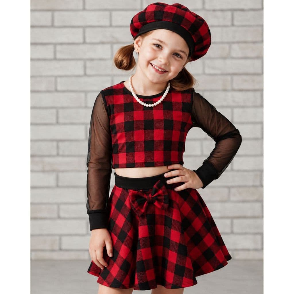 Conjunto Xadrez Preto e Vermelho Manga Longa de Tule Preto + Boina
