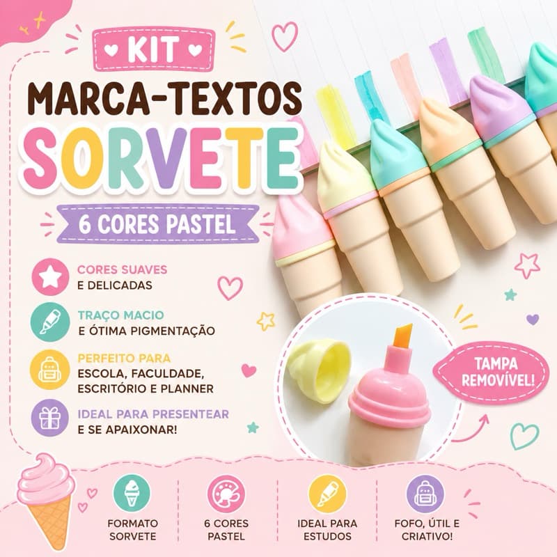 Kit 6 Marca Texto Sorvete Pastel Colorido | sorvetinho