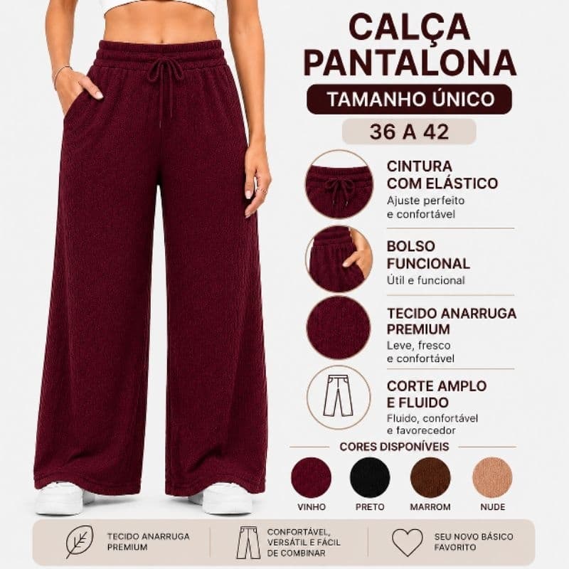 Calça Pantalona Feminina Anarruga Cintura Alta Com Bolso Confortável
