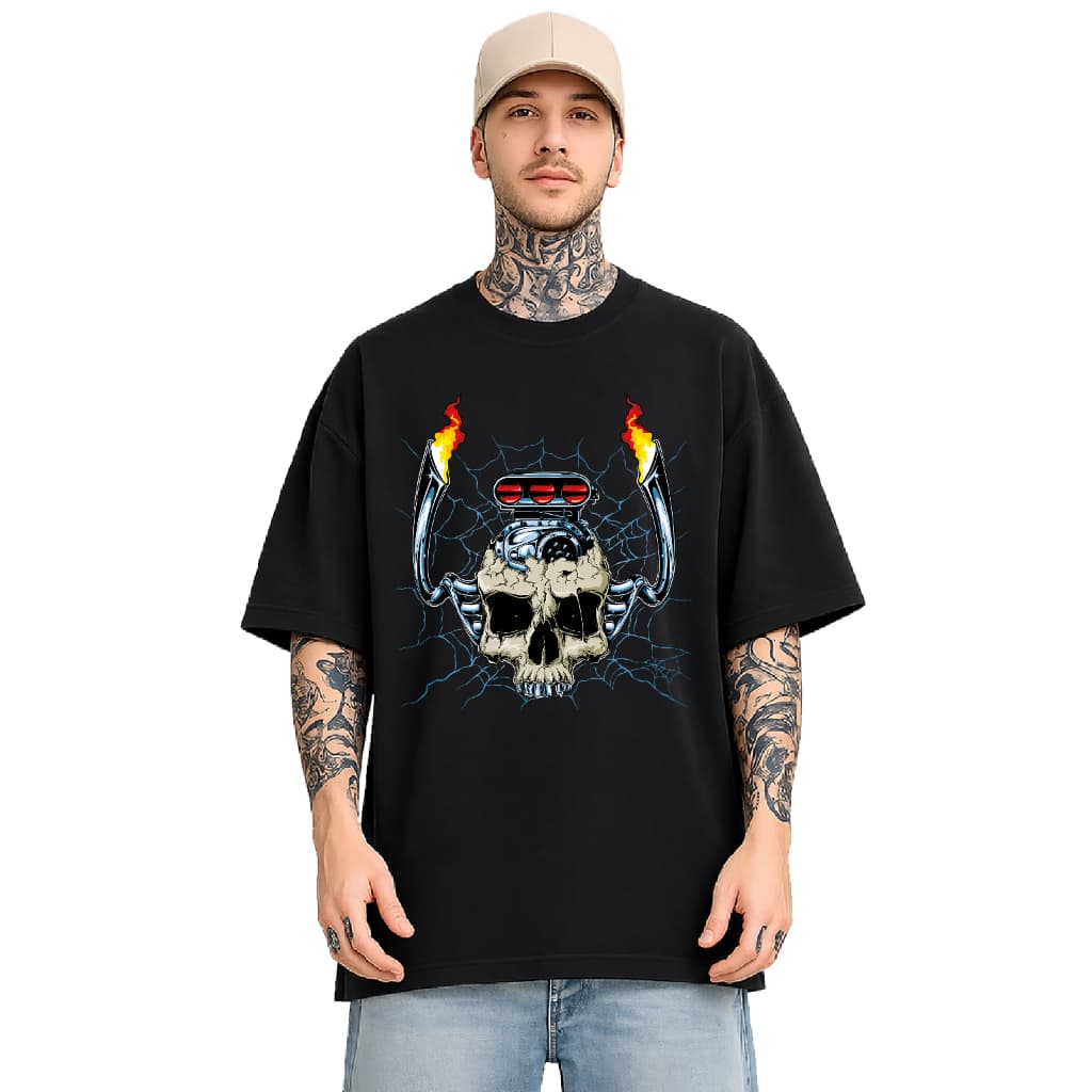 Camiseta Oversized 35 - Masculina Caveira Motor V8 Hot Rod Supercharger