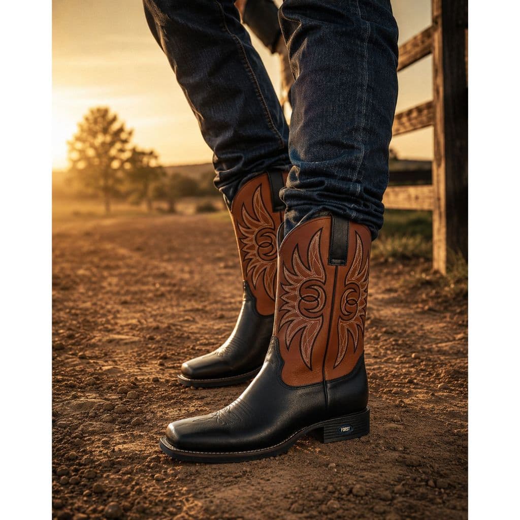 Bota Texana Masculina Luxo Americana Country Preta e Marrom com Bordado