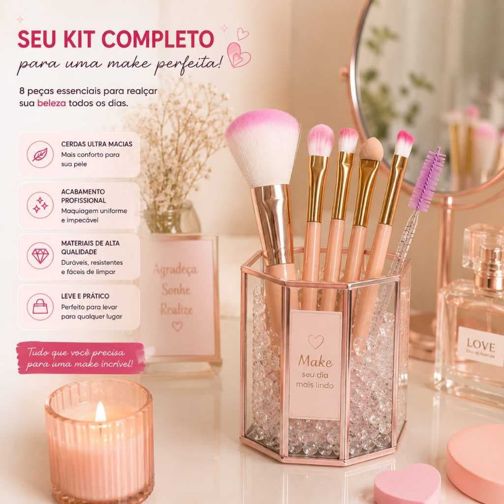Kit Maquiagem Completo 8 Peças Rosa Premium – Pincéis Macios + Esponjas para Base e Corretivo + Escovinha para Cílios