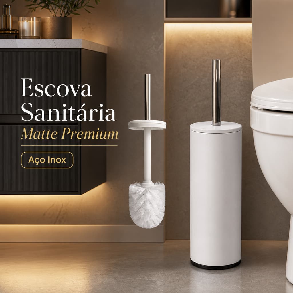 Escova Sanitária Premium Com Suporte Branco Matte E Cabo Inox