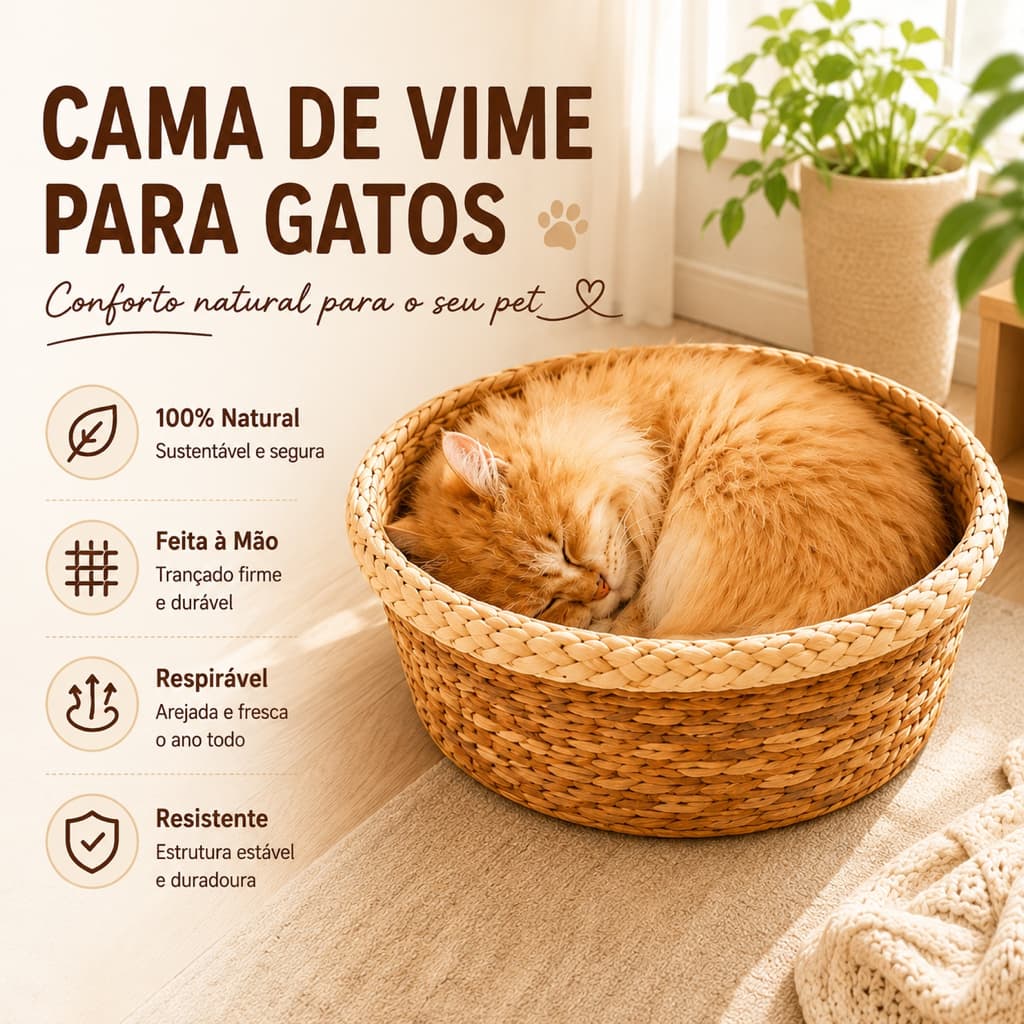 Cama de Vime para Gatos Natural Respirável Ecológica Feita à mão Formato redondo