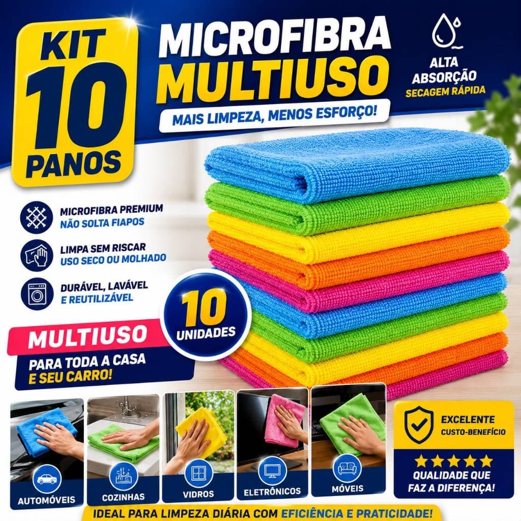 Kit 10 Panos De Limpeza Microfibra alta absorção Multiuso