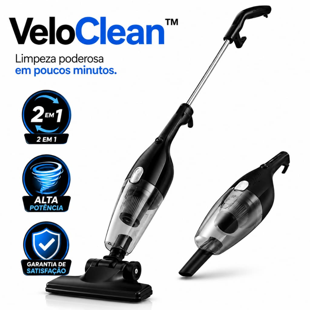 Aspirador de Pó Vertical Portátil 2 em 1 Com Fio 220V Alta Potência VeloClean™ Limpa Sofá Carro Tapete Piso Móveis Compa