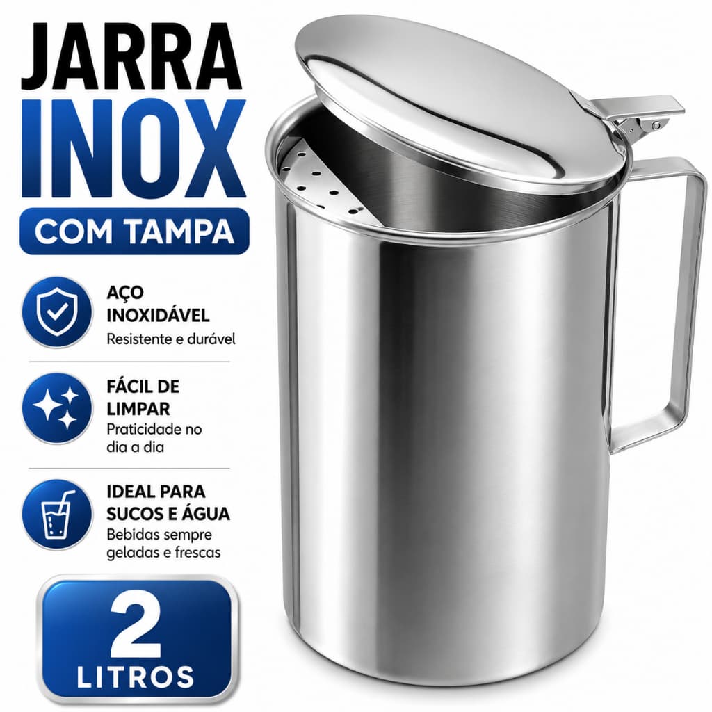 Jarra Inox Tampa Aparador Alça 2Litros Agua Suco Gelo Refrigerante Buffet Restaurante