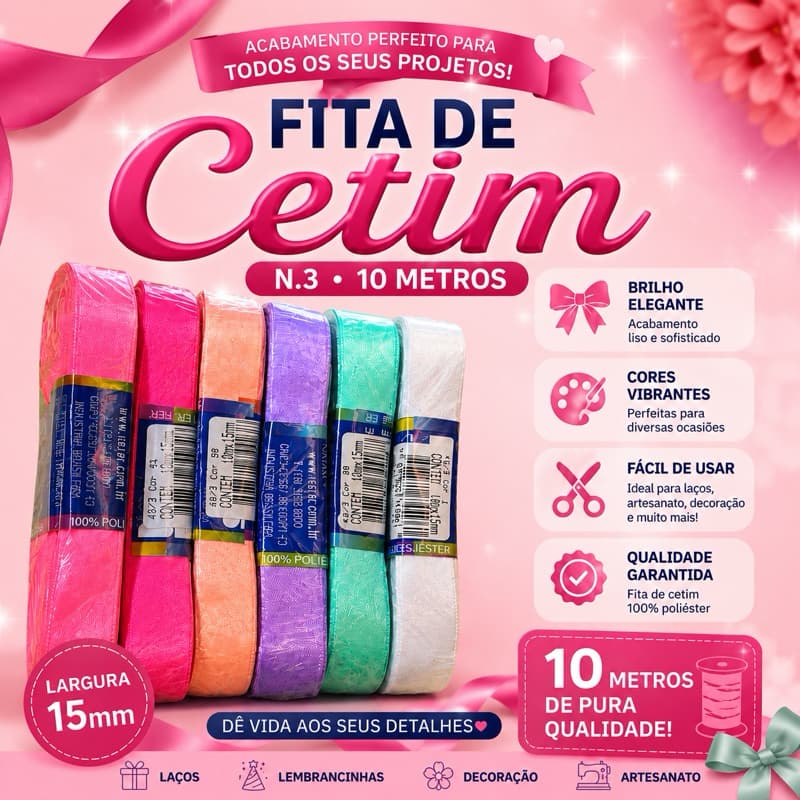 Fita de Cetim Nº 3 10 Metros 15mm Para Laços Artesanato Decoração Lembrancinhas Cores Sortidas