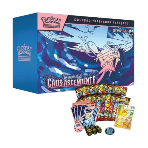 Box Coleção Treinador Avançado ETB e Combo de Booster Pokémon TCG Caos Ascendente, Mega Greninja, Mega Dragalge, Pikachu