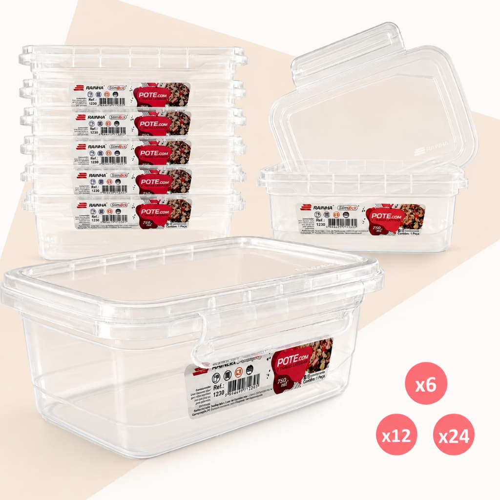Kit Potes de Plástico Com Travas - Marmita Fit - 750ml - Transparente - Seguro Microondas BPA Free