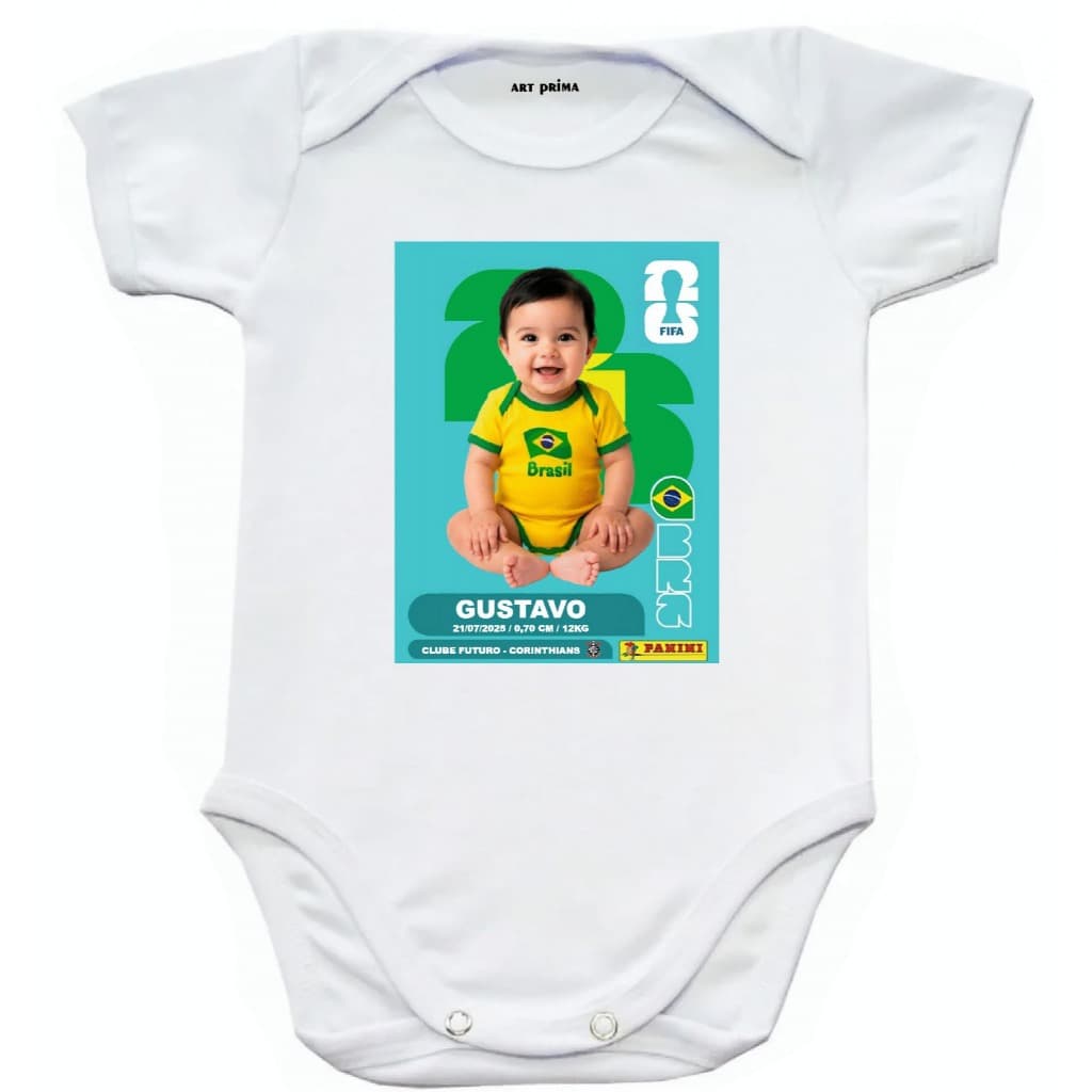 Body de Bebê Personalizado com a foto do Bebê Figurinha da Copa Lendária Roupinha de Bebe da Copa
