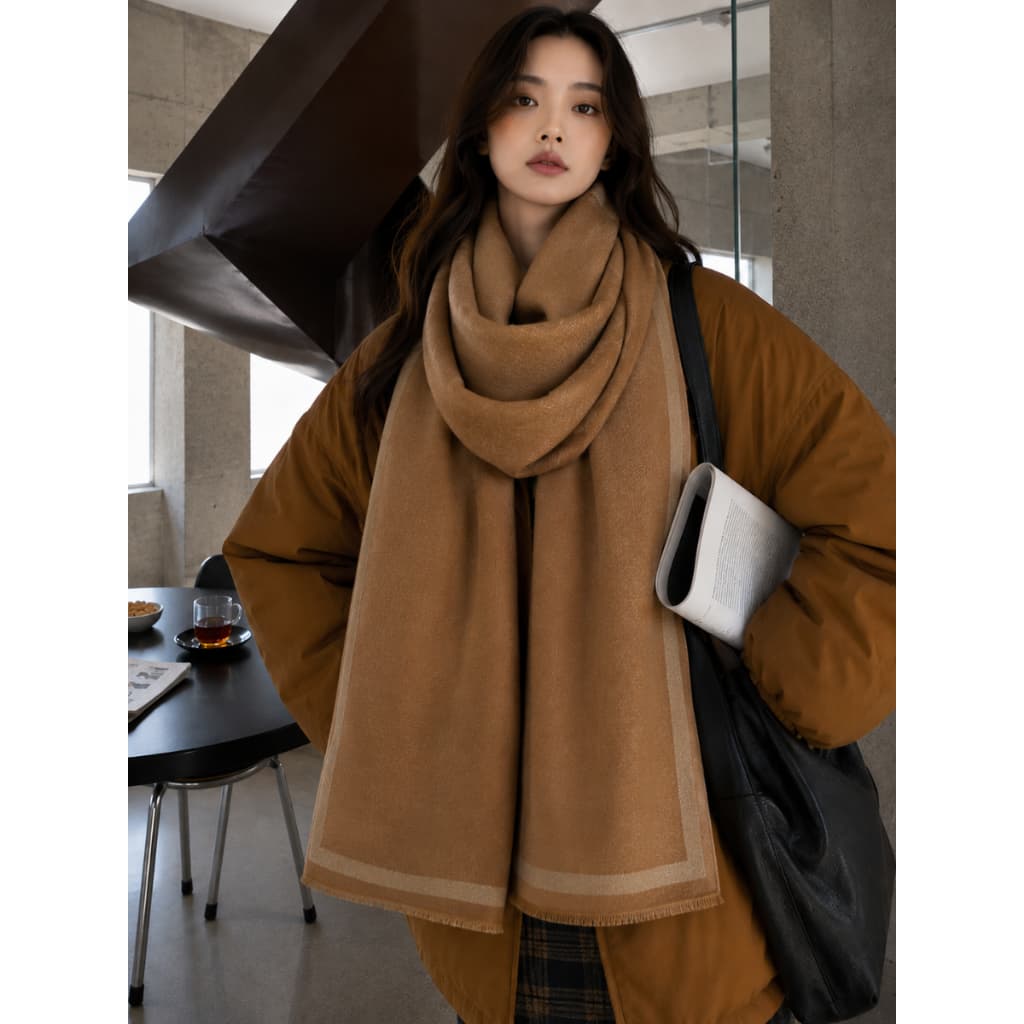 Cachecol Liso Listra Feminino Marrom Claro Lenço Grosso Pashmina Echarpe Masculino Unissex Para Frio Inverno Adulto C15