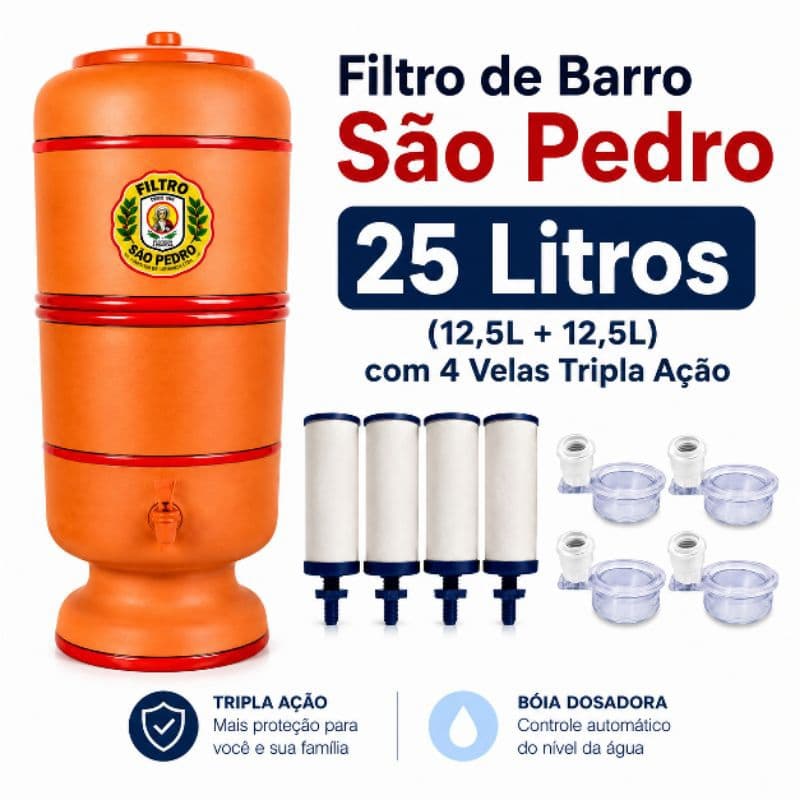 Filtro de Barro São Pedro 25 Litros (12,5+12,5) 4 Velas Tripla Ação + 4 Bóias Brinde Certificado Inmetro Completo