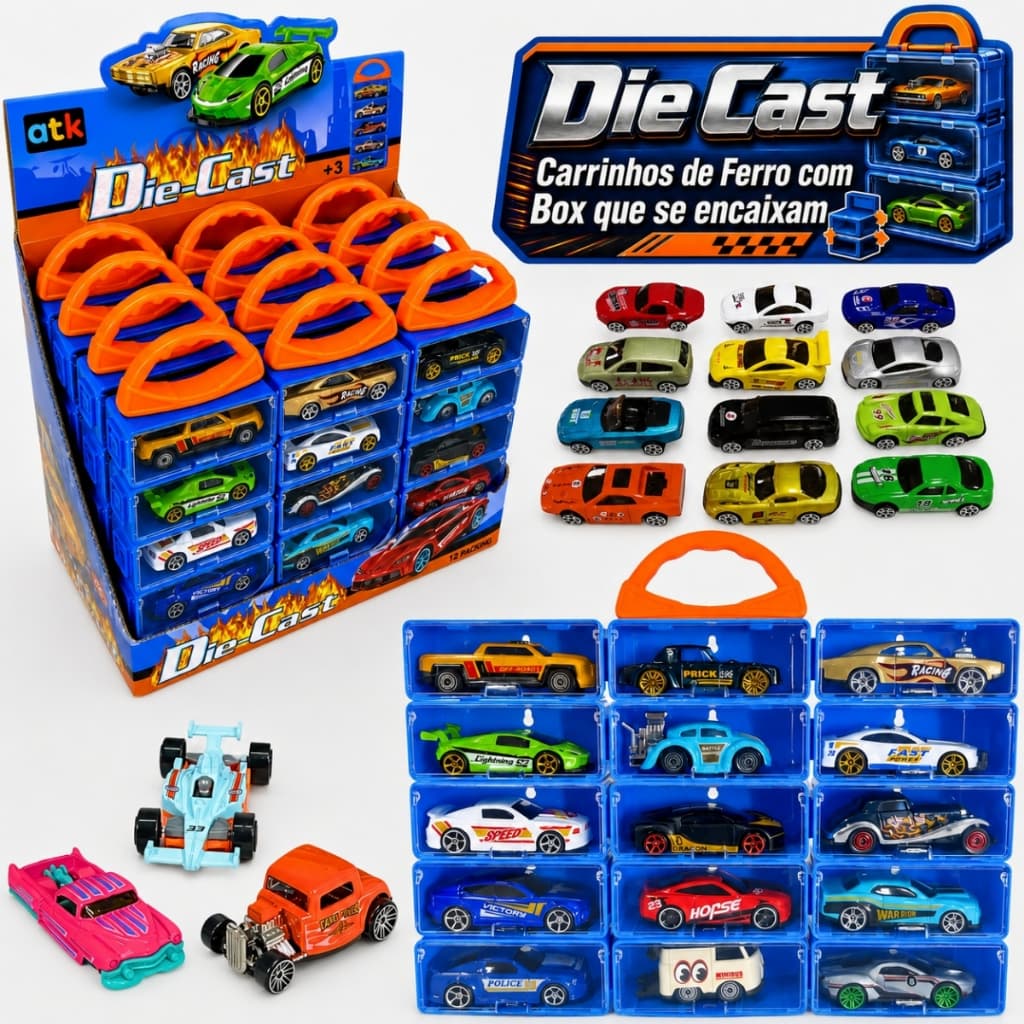 Kit 15 Carrinhos de Ferro Maleta Porta Carrinhos Compatível Hot Wheels Menino