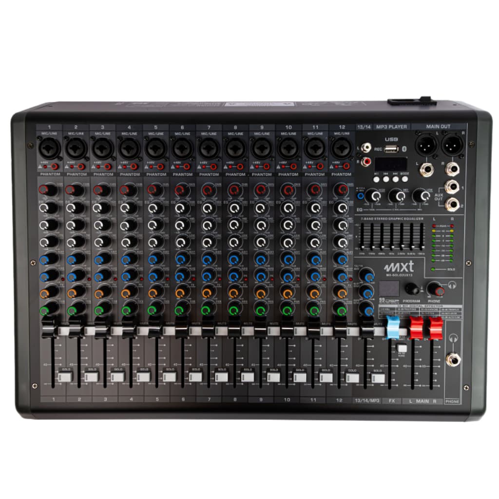 MESA DE SOM 13 CANAIS MESA DJ CONTROLADOR DE SOM, SOLO LINE, 2AUX, 7EQ,  99DSP, MX-SOLO2UX13