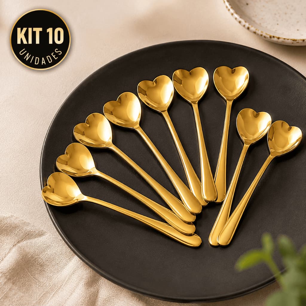 Colheres Coração Douradas 10 Unidades Talheres em Aço Inox para Cozinha  Mesa Posta Luxo