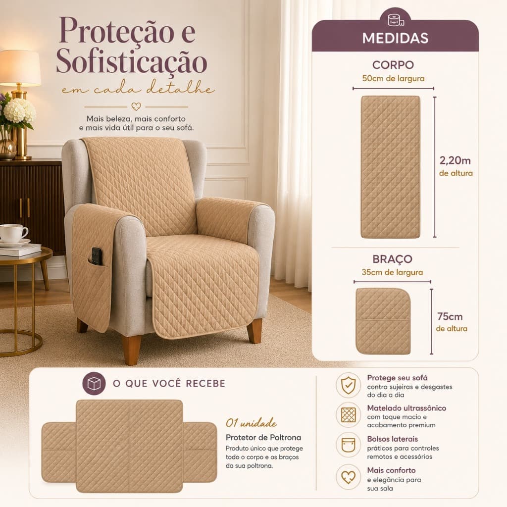 Protetor de Poltrona Matelado Lavável com Porta Objetos Capa de Poltrona Decorativa