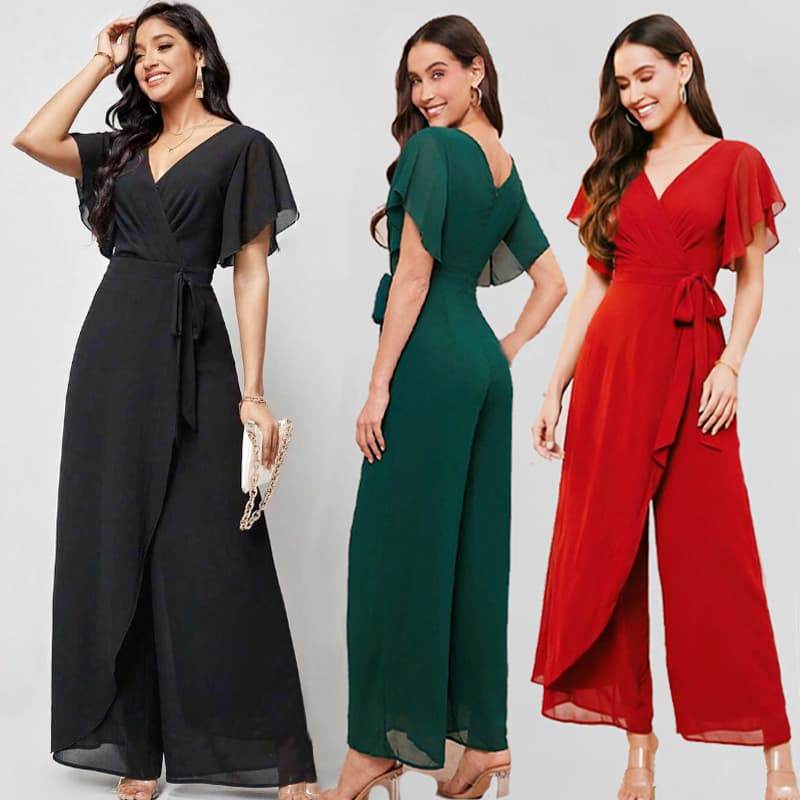 Macacão Longo Feminino Pantacourt Cintura Alta V-Neck Manga Godê Para Formatura e Trabalho