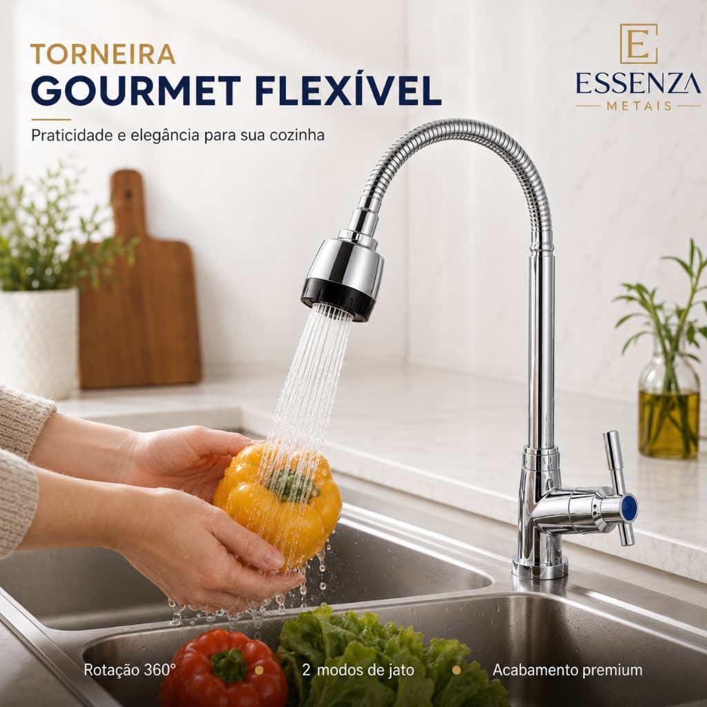 Torneira Cozinha Gourmet Bancada Flexível 1/4 Volta Cromon Torneira Pia Lavanderia Inox Luxo Moderno