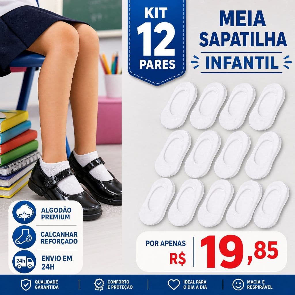 Kit 12 Pares Meia Sapatilha Infantil Escolar Algodão Premium Unissex - Envio Rápido