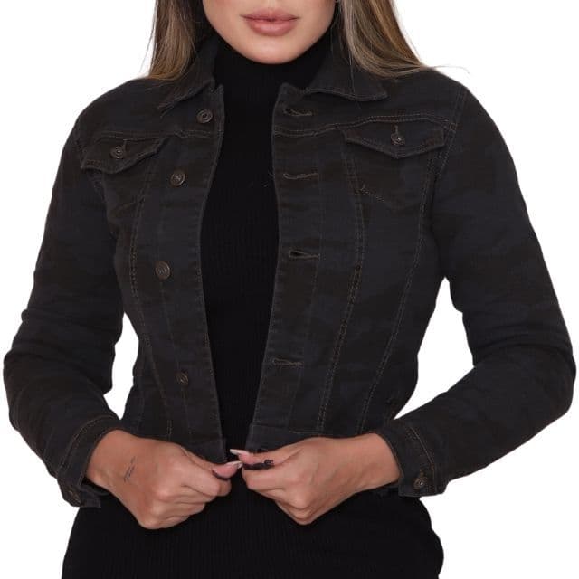 2126 - Jaqueta Feminina Jeans Militar Possui Lycra Inverno Moda Jeans
