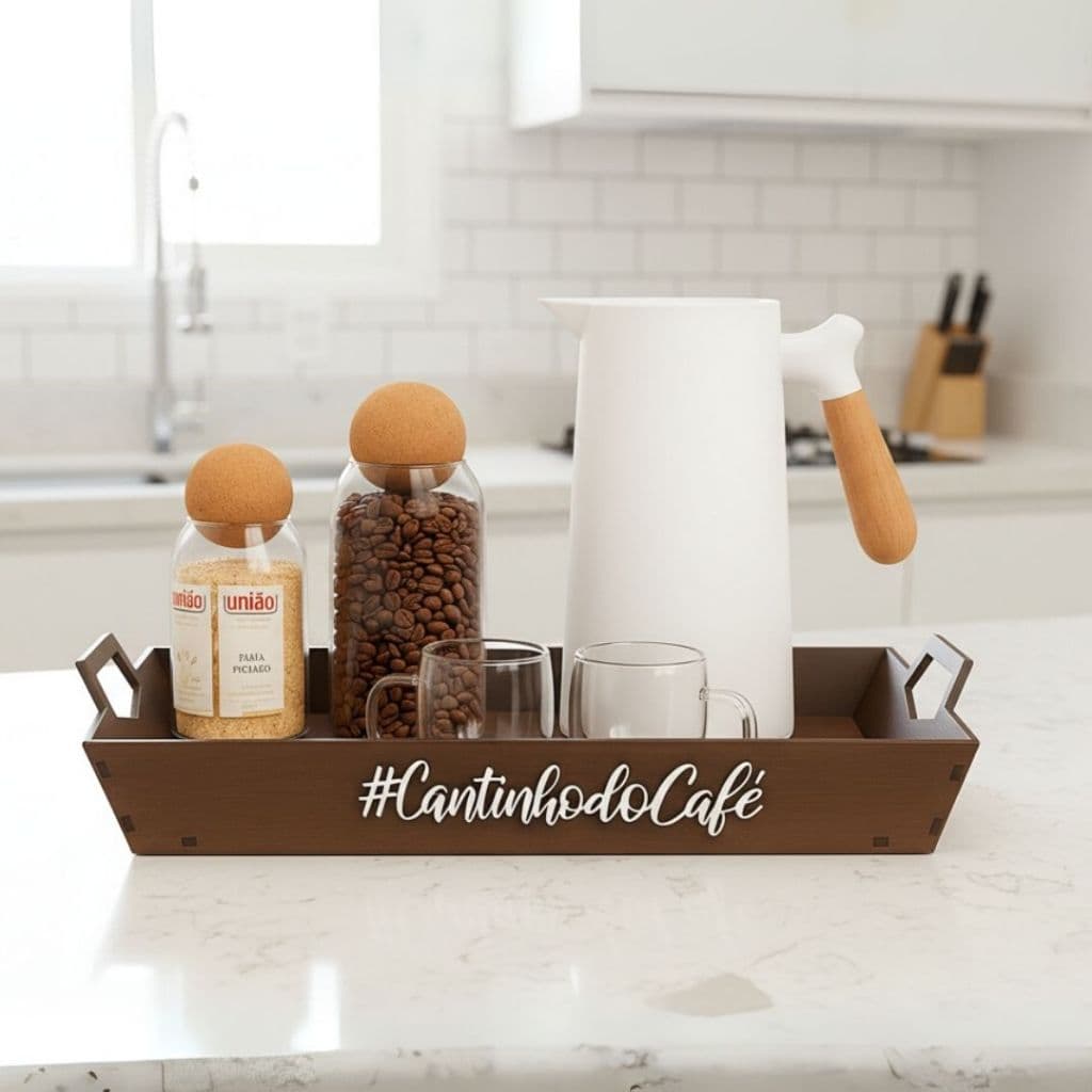 Bandeja Organizadora para Cantinho do Café em MDF com Alças Ideal para Bancada Cozinha e Cafeteira