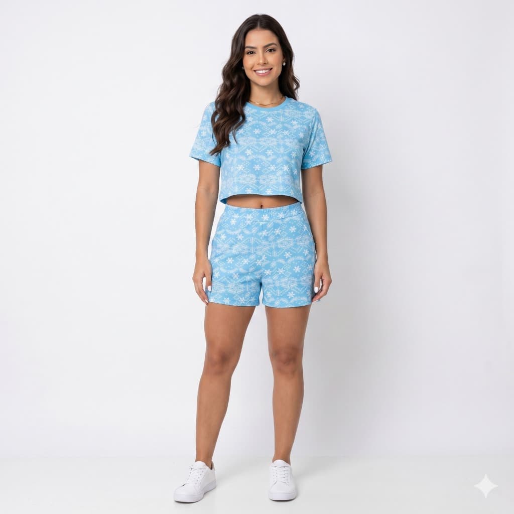 Conjunto Azul Feminino Adulto Confortável Verão Casual Camisa Manga Curta E Shorts