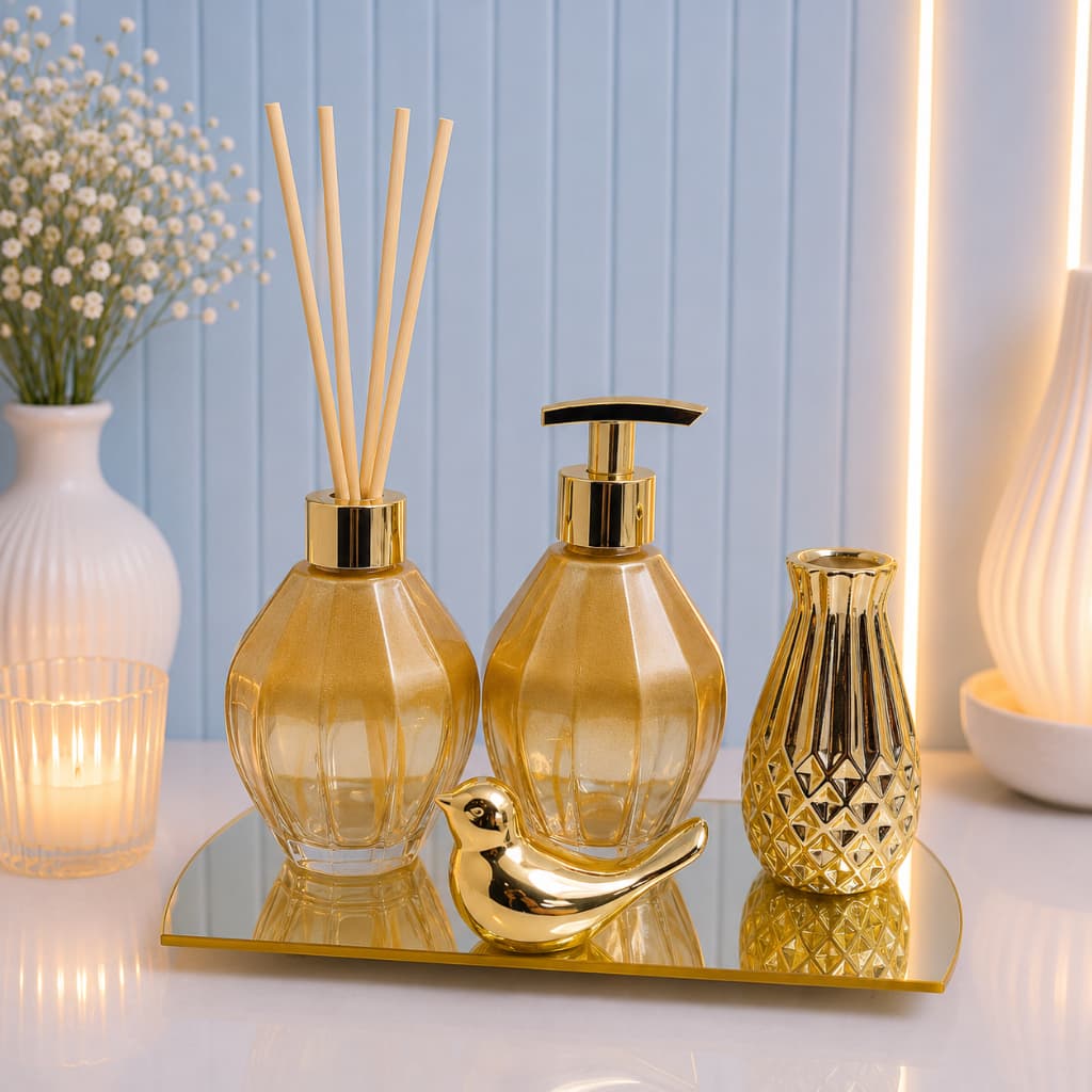 Kit Lavabo Luxo Dourado – 2 Frascos Lampe 250ml, Passarinho, Vaso Cromado e Bandeja Oval