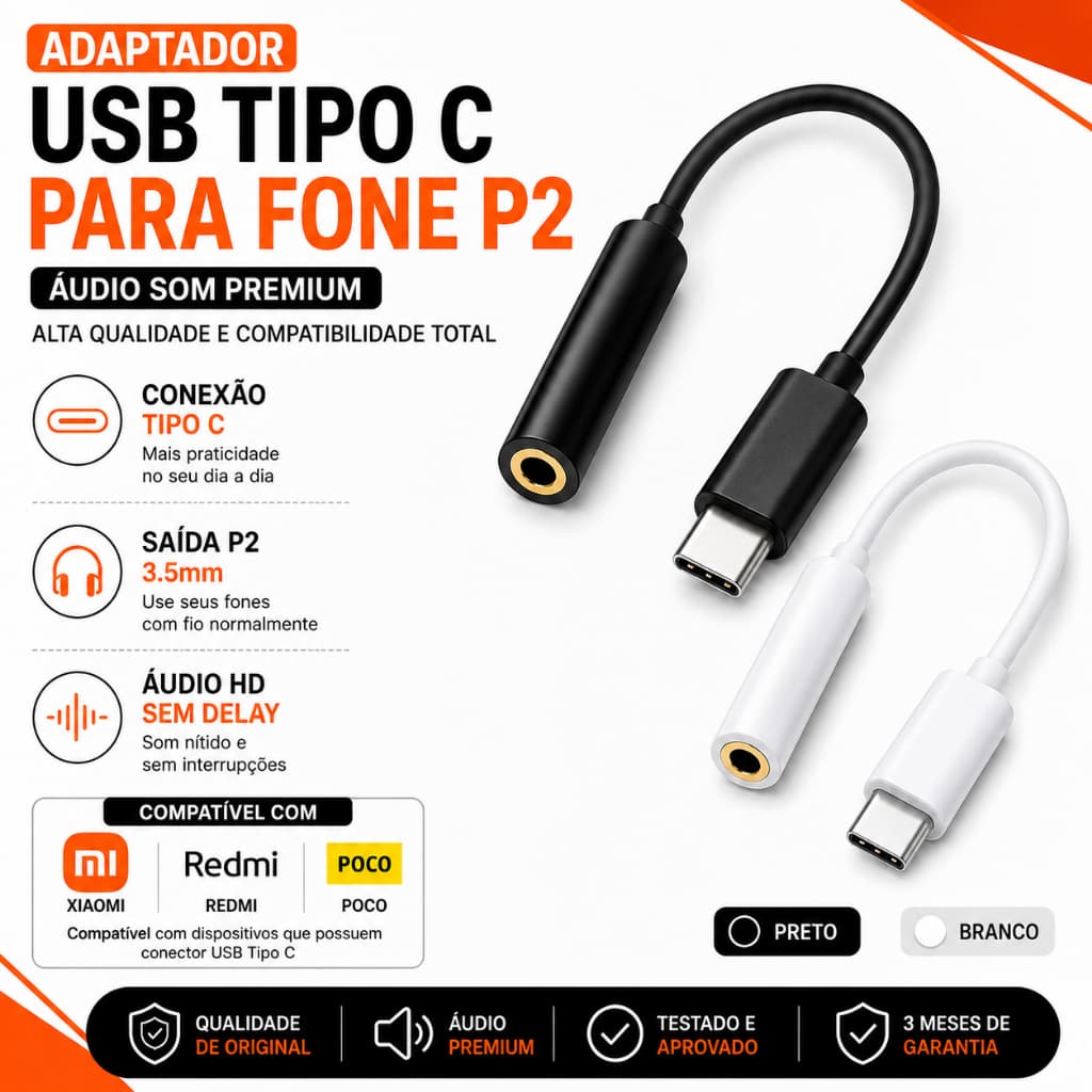 Adaptador USB Tipo C Para Fone P2 Xiaomi 12/13/14/15/13T Mi Poco X6/X7/X8 Pro Note Áudio Som Premium