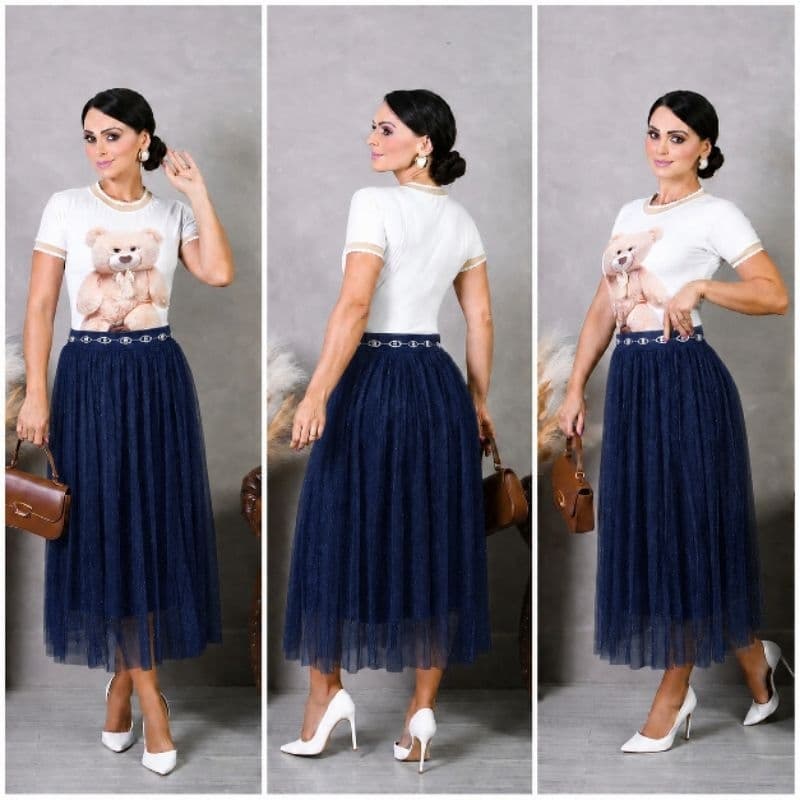 Saia Tule Com Glitter Feminina Moda Evangélica Delicada Elegante Premium Luxo Maravilhosa Para Congressos e Eventos