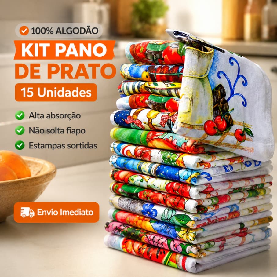 Pano De Prato Kit 15 Estampado Bainha Grande 100% Algodão 40 x 70 cm