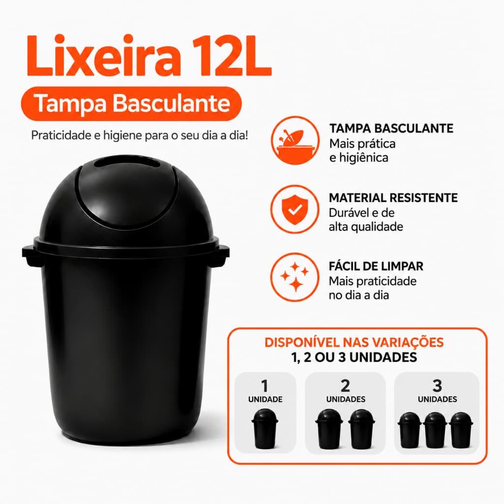 Lixeira 12 Litros Tampa Basculante Preta Resistente Banheiro Cozinha Escritório