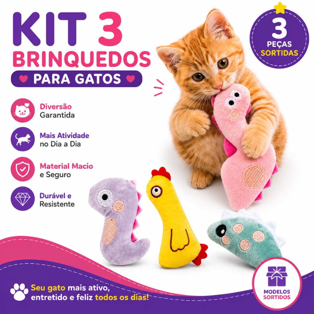 Kit 3 Brinquedos de pelúcia para Gatos Bichinhos engraçados sortidos