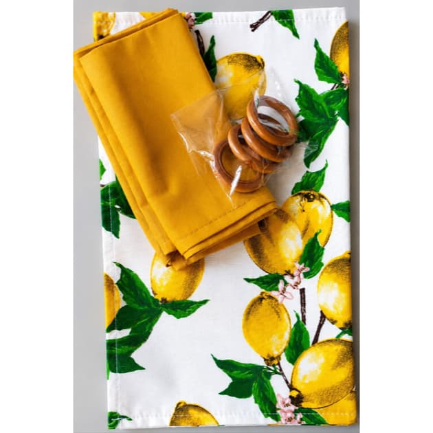Jogo americano com guardanapos | Kit de mesa posta com guardanapos de argola em madeira | Jogo americano limão siciliano