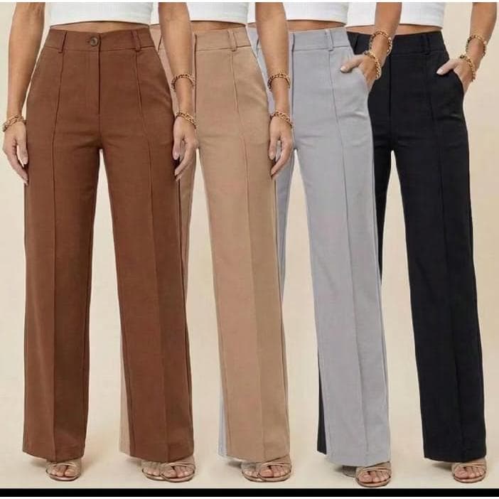 Calça Pantalona Alfaiataria Feminina Social Cintura Alta Com Bolso Lateral com riper frente