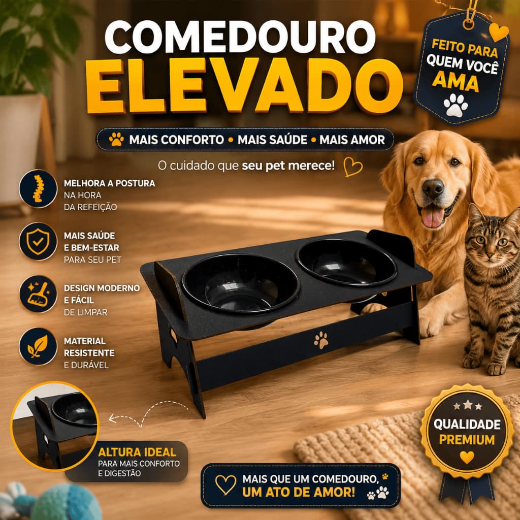 Bebedouro em MDF Comedouro Para Pet Gato Cachorro Ração Elevado