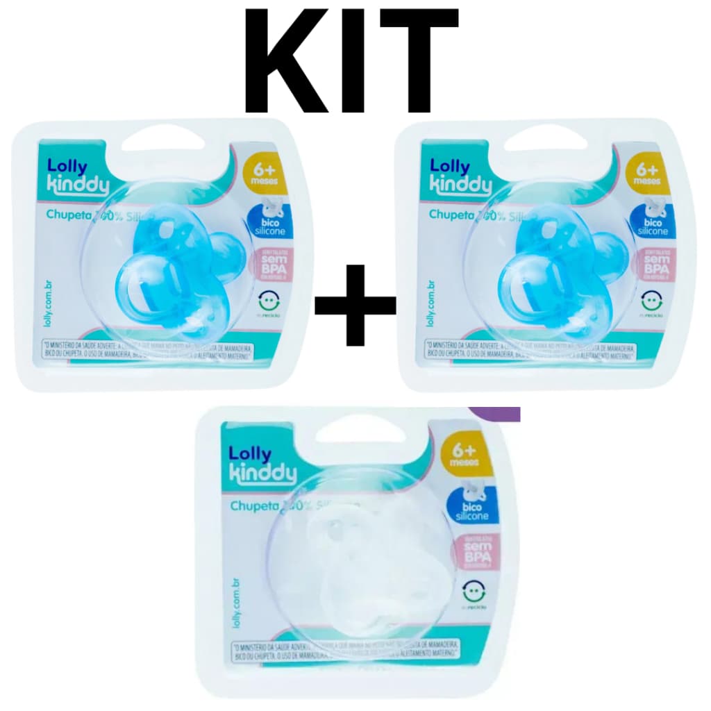 Kit 3 Chupetas Lolly Orto T2 100% Silicone 6 a 12 Meses Azul e Transparente