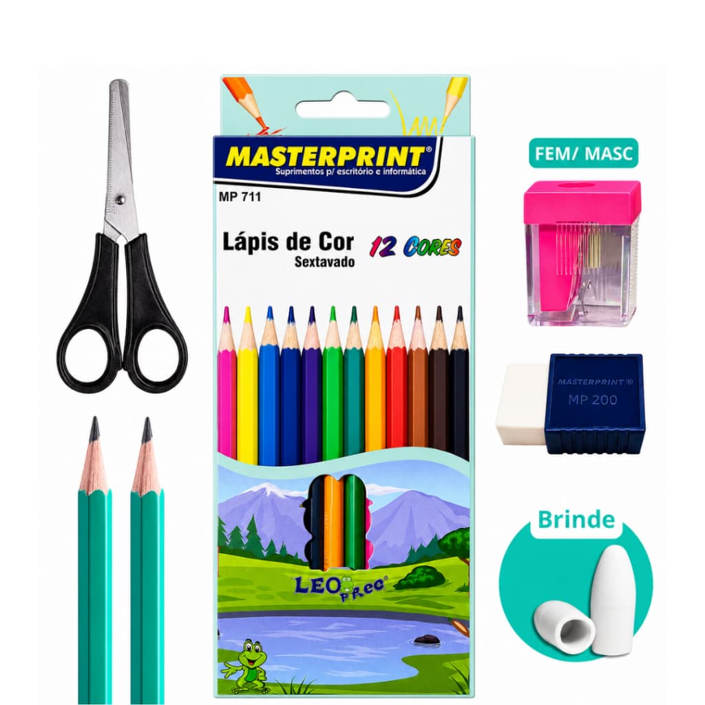 Kit Escolar Masterprint Lápis + Borracha + Lapis de cor + Apontador + Tesoura Volta as Aulas
