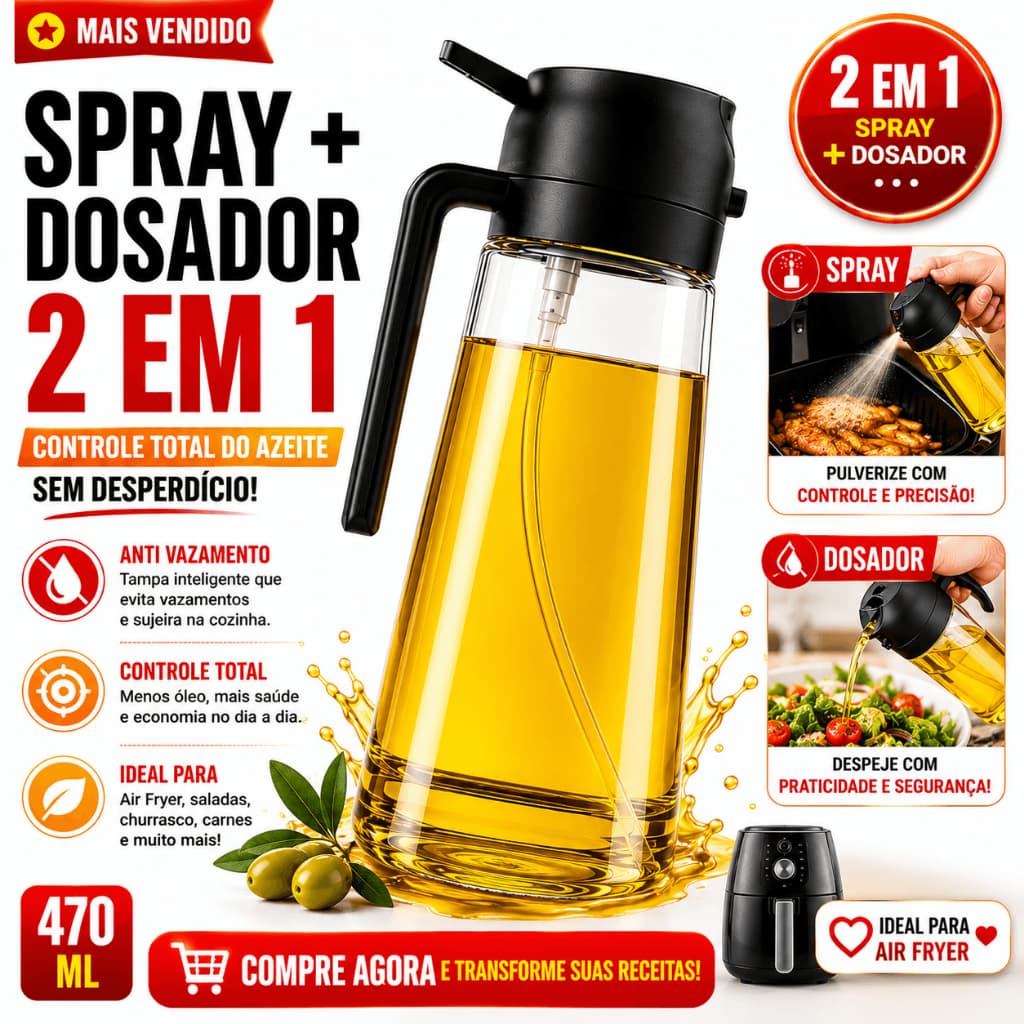 Borrifador Spray Azeite 470ml Vidro 2 em 1 Dosador de Óleo Anti Vazamento para Cozinha