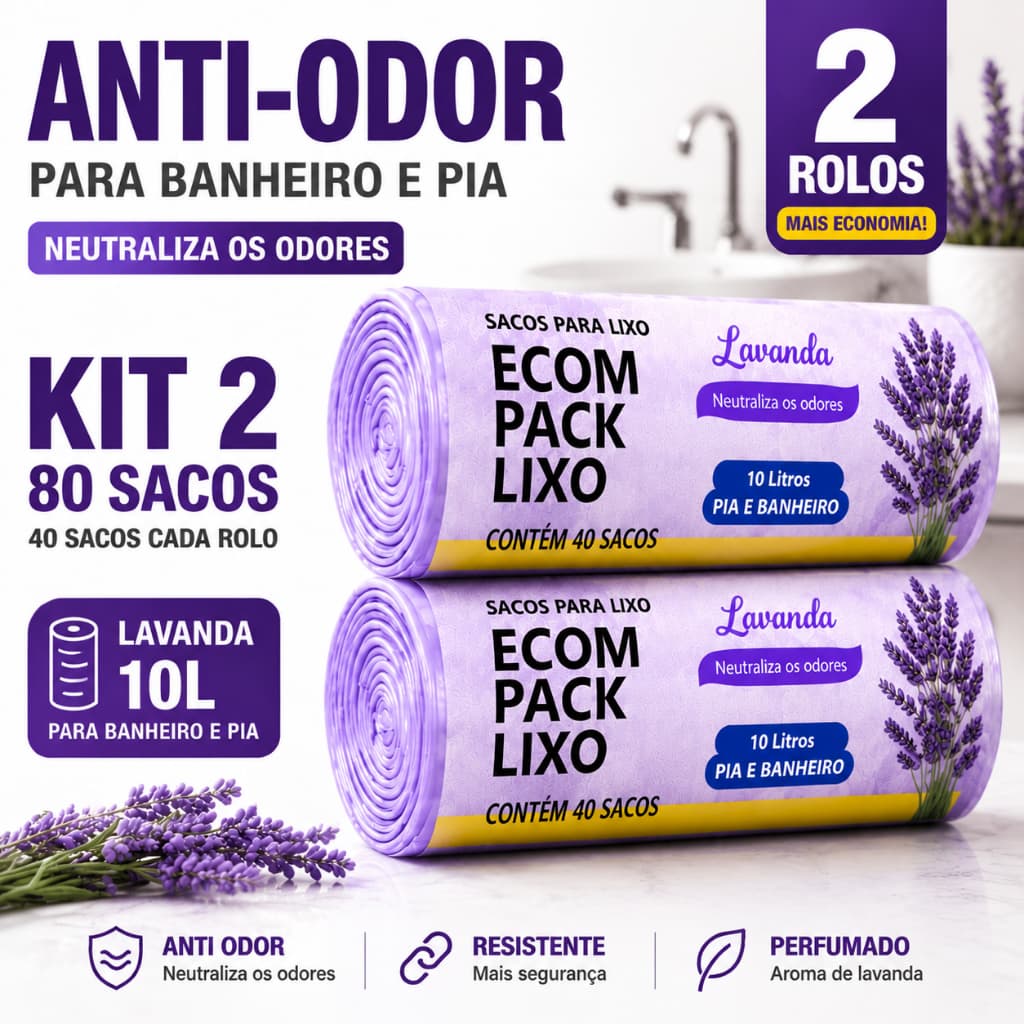 Kit 2 Rolos Sacos de Lixo Perfumado Lavanda 10 Litros 80 Sacos Banheiro Pia Anti-Odor Reforçado