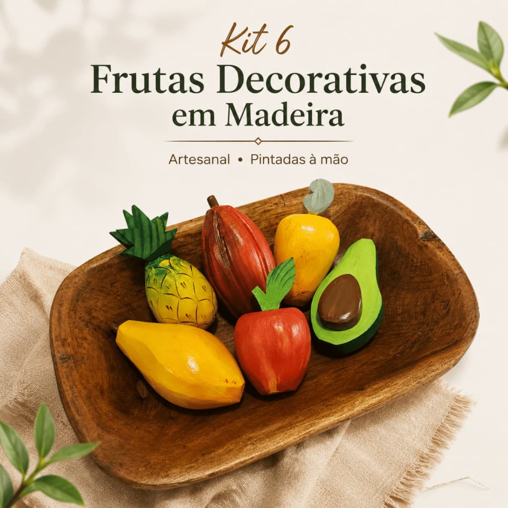 Kit 6 Frutas Decorativas Entalhadas em Madeira Artesanato Rústico Para Decoração Cozinha