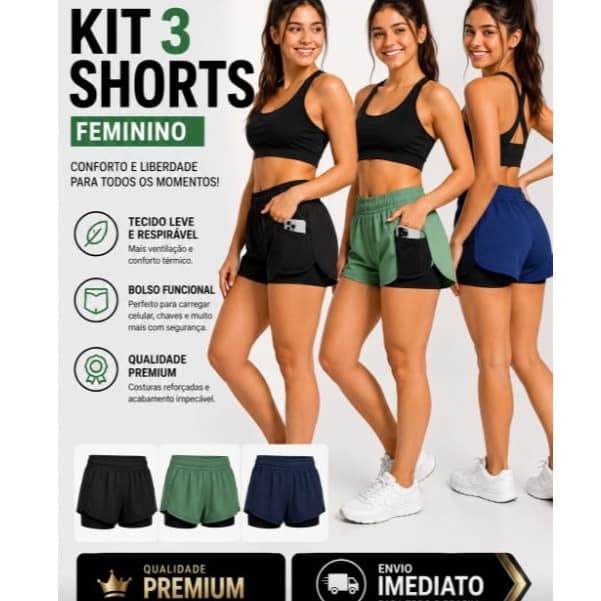 Kit 3 short feminino 2 em 1 dryfit c/ bolso oculto Academia Esporte
