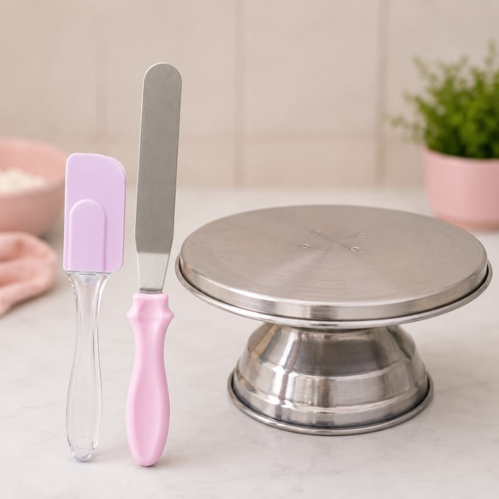 Kit Confeitaria Completo Bailarina Giratória 30cm + Espátula Angular + Espátula Pão Duro Silicone para Bolos e Chantilly