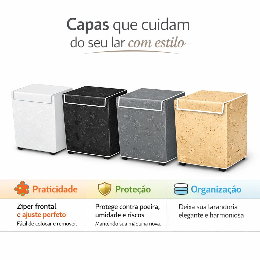 Capa Protetora Lavadora Casa Resistente Ziper Superior Tamanho Medio Branco Preto Cinza  Bege