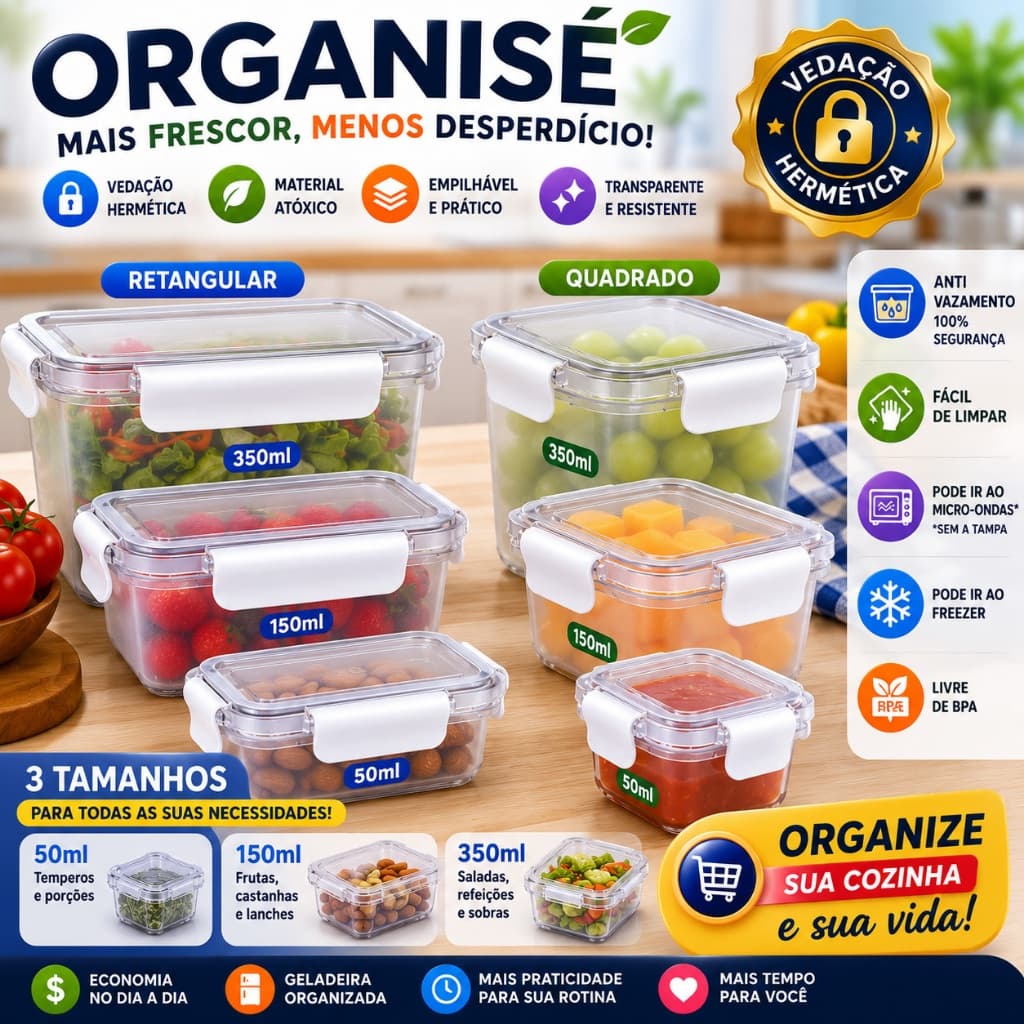 Kit 3 Potes Herméticos Plástico Tampa Trava Transparente Organizador Alimentos Quadrado Retangular