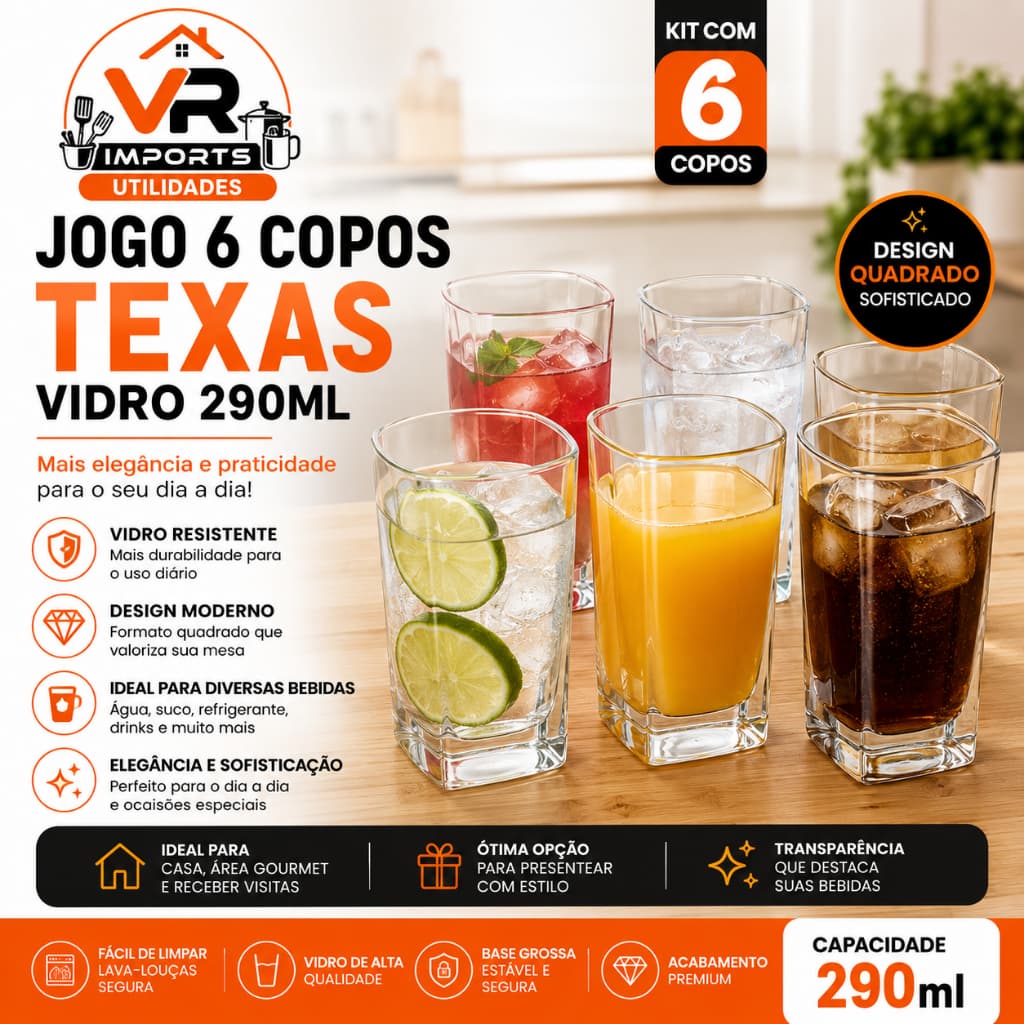 Jogo 6 Copos Vidro Quadrado Texas 290ml Copo Água Suco Bebidas Alta Durabilidade