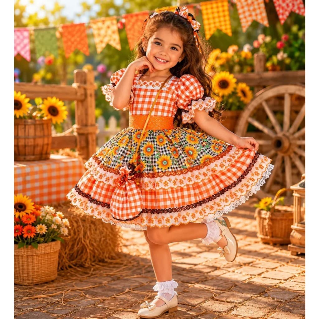 Vestido Festa Junina Infantil Luxo Menina São João Bolsinha