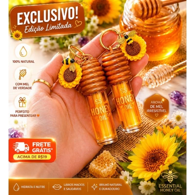 Lip Gloss Mel Hidratante acompanha chaveiro de girassol e abelha